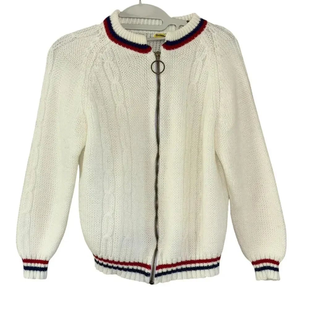 Grandpa Sweater Americana White Red Blue Women’s S/M Preppy Old Money Costal - Picture 3 of 11